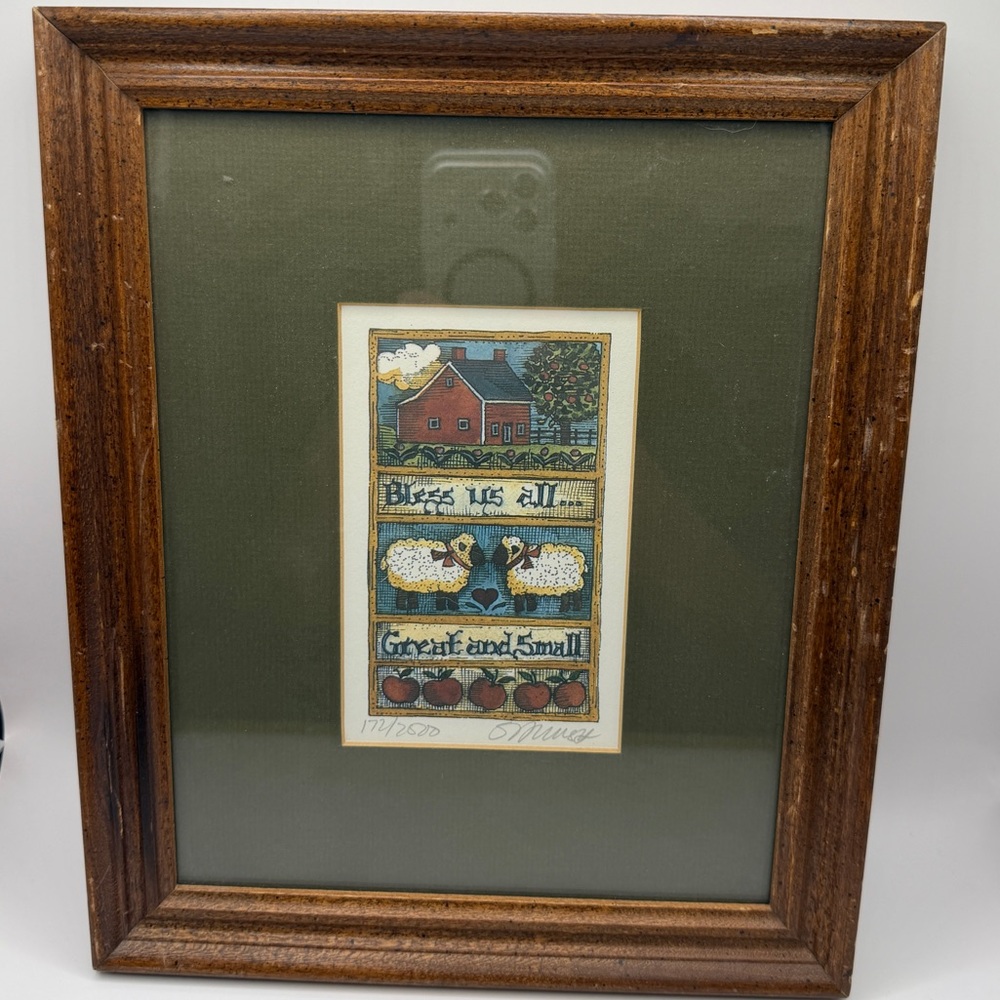 Framed Rustic Art Print by Susan Winget featuring Sheep and Barn